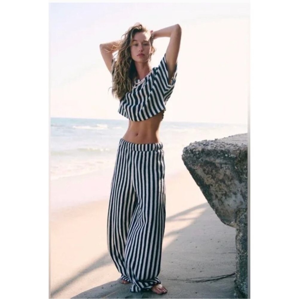 New Free People Changing Tides Two-Piece Wide-Leg Set Navy White Xs